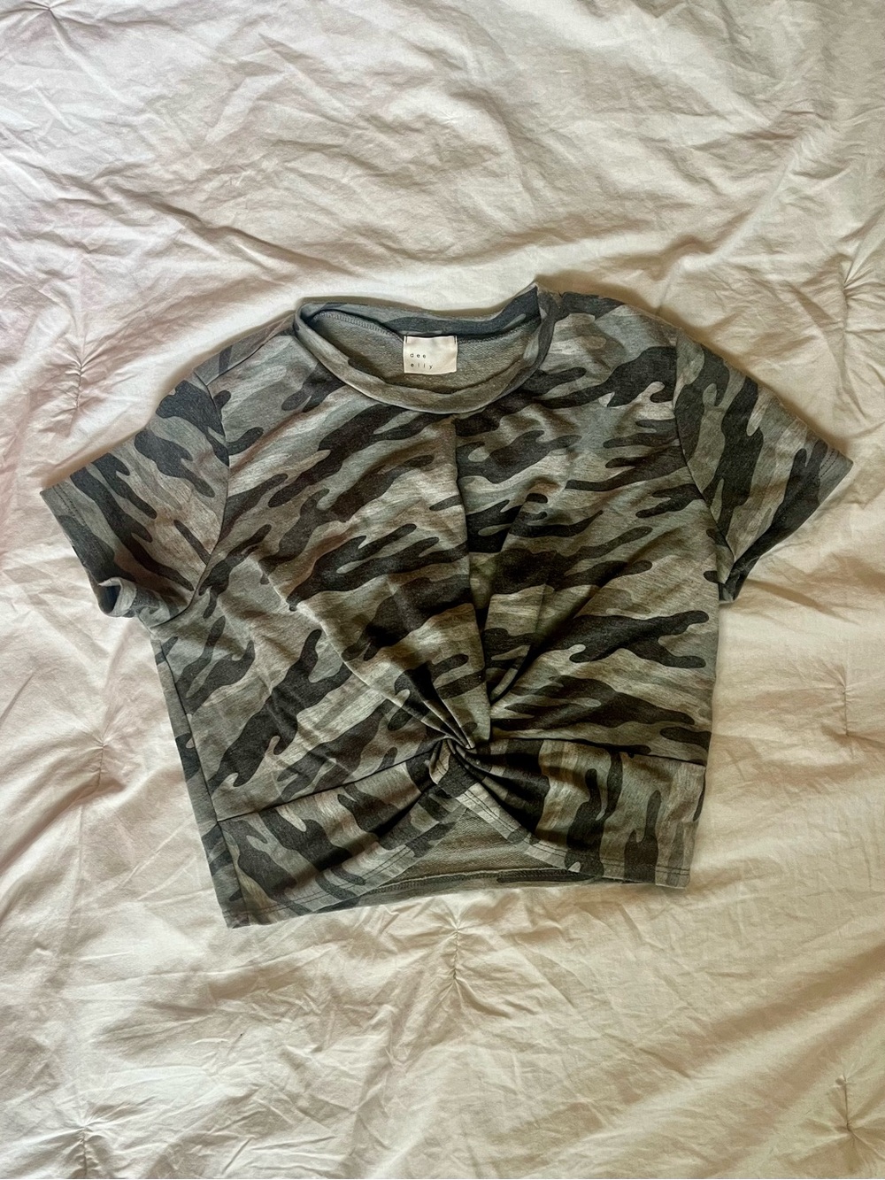 Camo Twist-Front Crop Top - Gray Green